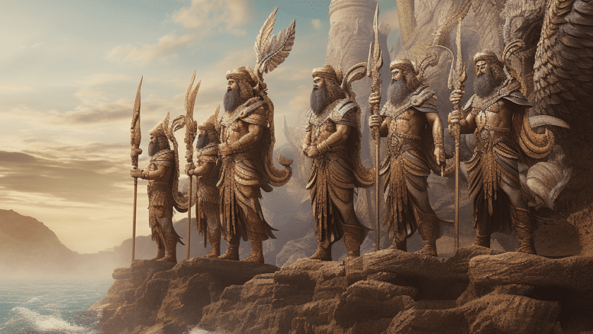 Représentation du mythe d'Abgal, divinités de la mythologie mésopotamienne - AI generated