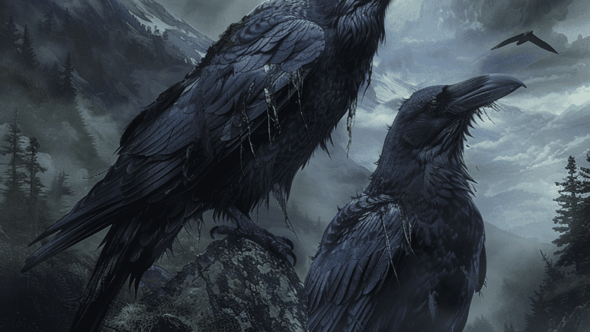 Représentation de Hugin et Munin, corbeaux de la mythologie nordique - AI generated