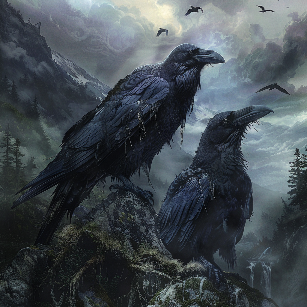 Représentation de Hugin et Munin, corbeaux de la mythologie nordique - AI generated