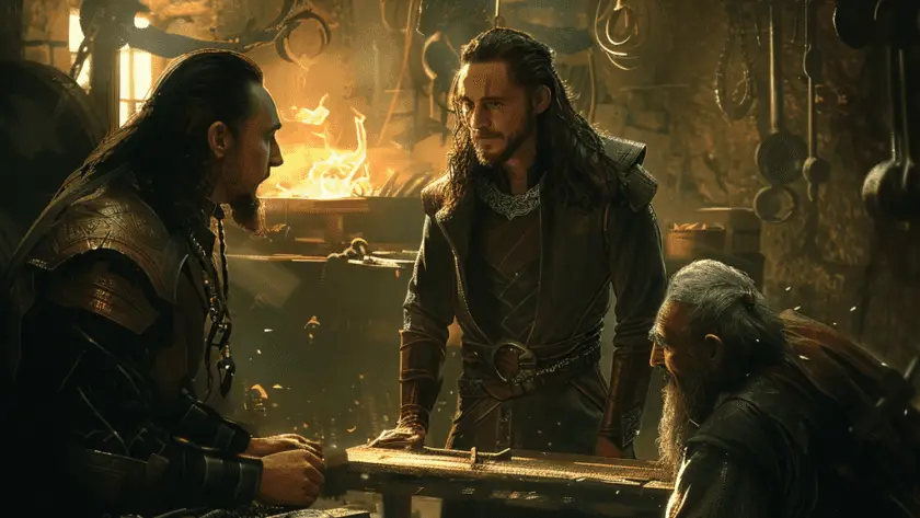 Représentation du défi de Loki aux nains Brokk et Eitri, dans la mythologie nordique - AI generated