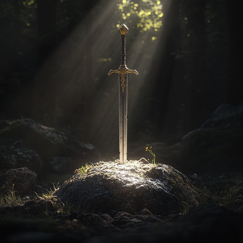 Représentation de La quête de l'épée Excalibur, mythologie celtique - AI generated