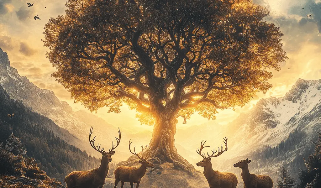 Représentation des cerfs d'Yggdrasil: Dain Dvalinn Duneyr et Durathror - IA generated