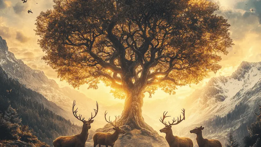 Représentation des cerfs d'Yggdrasil: Dain Dvalinn Duneyr et Durathror - IA generated